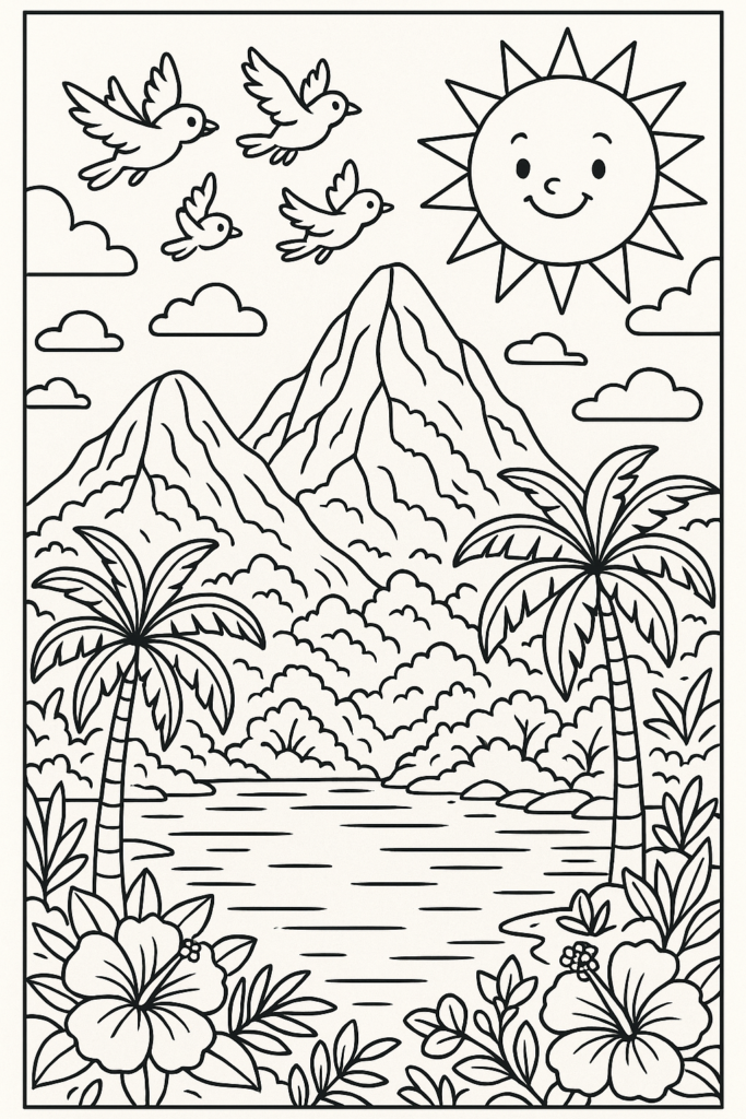 Página de colorir de uma paisagem exótica com montanhas, lago, palmeiras e um sol sorridente.