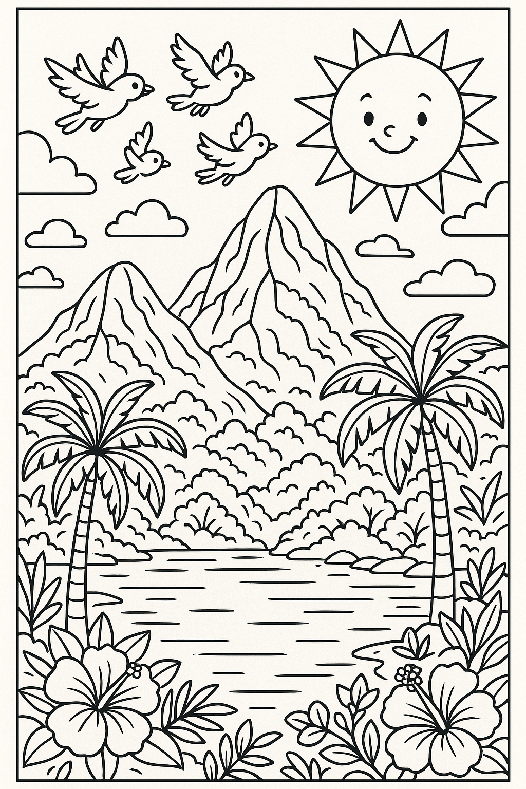 Página de colorir de uma paisagem exótica com montanhas, lago, palmeiras e um sol sorridente.