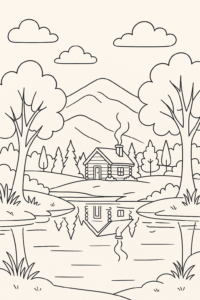 Desenho para colorir de uma paisagem montanhosa com um chalé e um lago, com contornos claros e amplas áreas para colorir.
