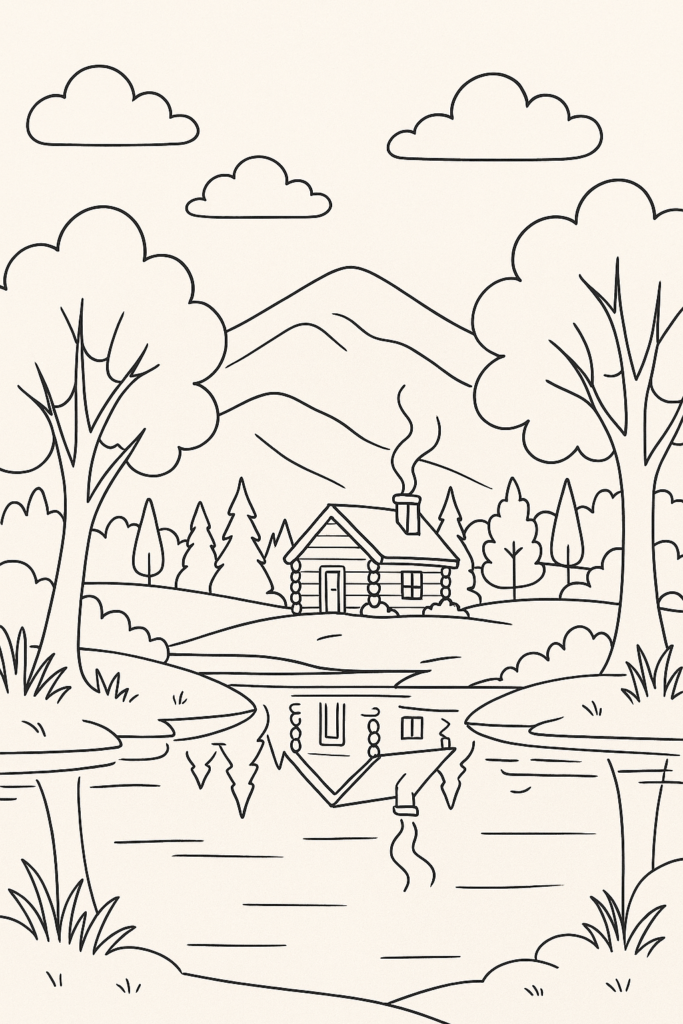 Desenho para colorir de uma paisagem montanhosa com um chalé e um lago, com contornos claros e amplas áreas para colorir.