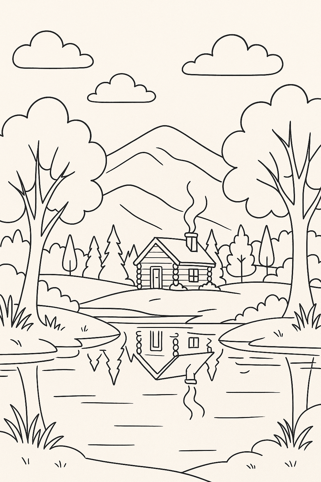 Desenho para colorir de uma paisagem montanhosa com um chalé e um lago, com contornos claros e amplas áreas para colorir.