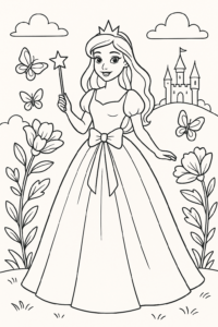 Desenho de uma princesa de contos de fadas em um vestido elegante, cercada por flores e borboletas, ideal para colorir.