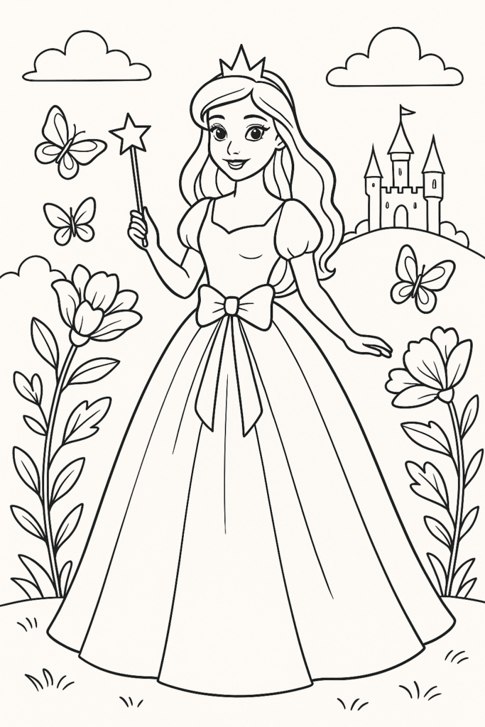 Desenho de uma princesa de contos de fadas em um vestido elegante, cercada por flores e borboletas, ideal para colorir.
