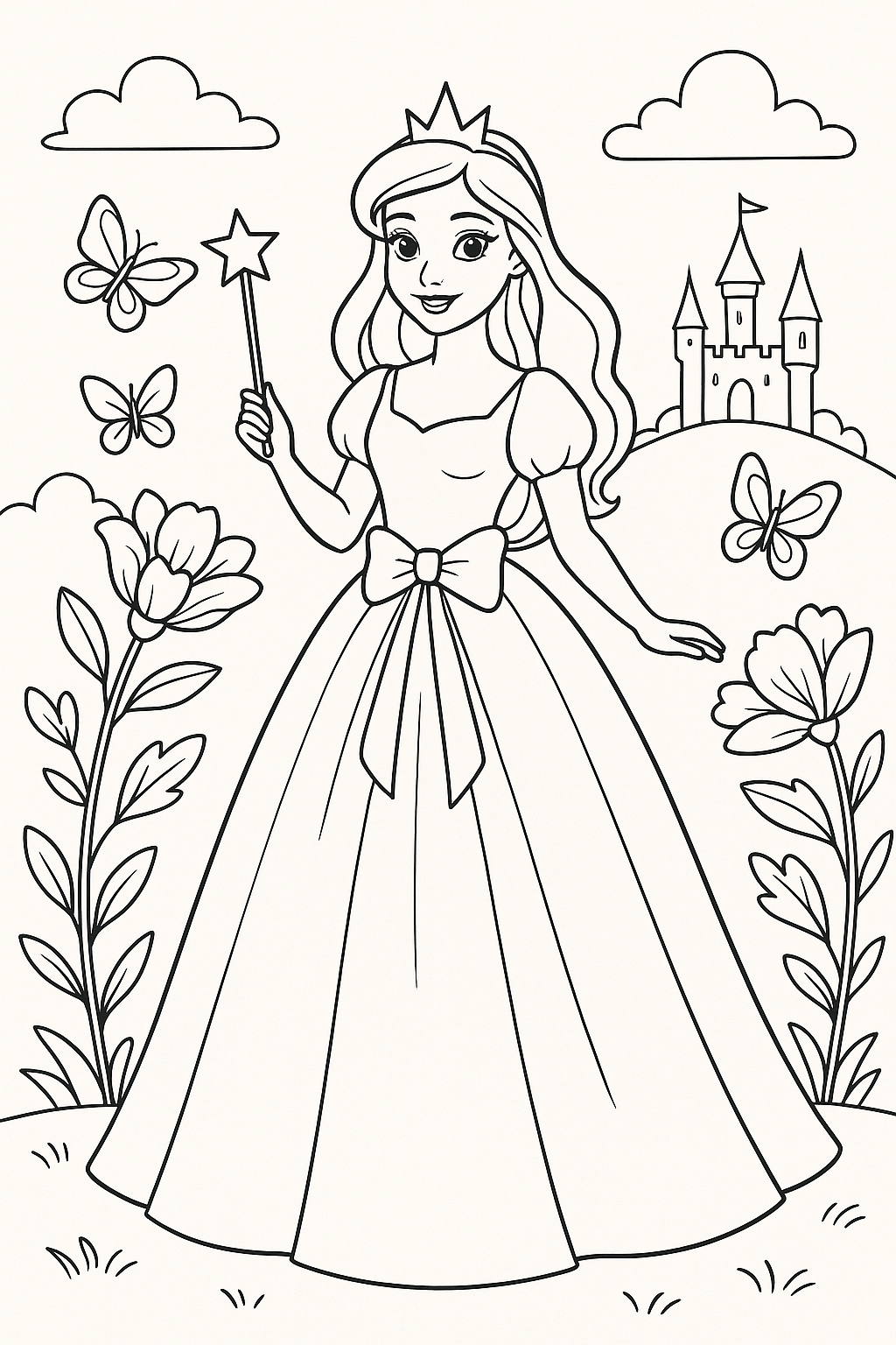 Desenho de uma princesa de contos de fadas em um vestido elegante, cercada por flores e borboletas, ideal para colorir.