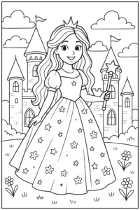 Página de colorir com uma princesa encantada em um castelo, com cabelo longo e vestido decorado, segurando um cetro e cercada por flores e torres.