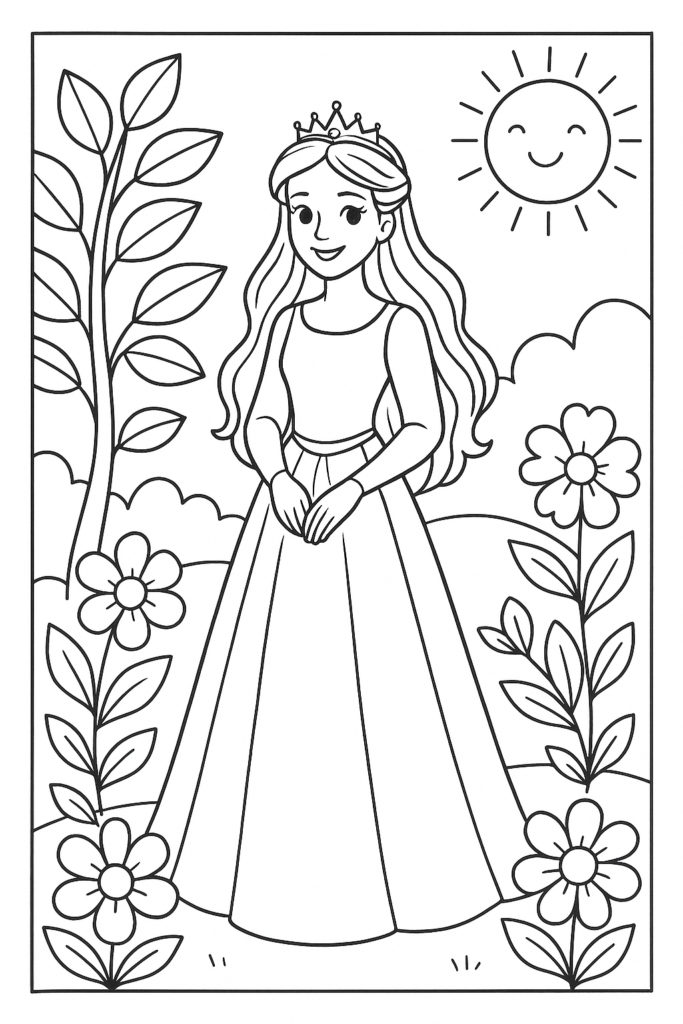 Desenho de uma princesa em um jardim com traços simples e áreas grandes para colorir, ideal para iniciantes.