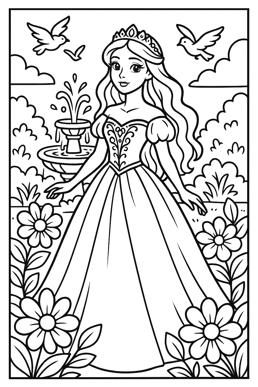 Página de colorir de uma princesa em um jardim, com um vestido longo e flores grandes, perfeita para estimular a criatividade das crianças.